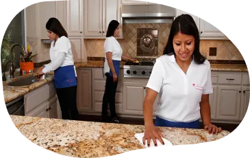Cleaner wiping down a kitchen counter during a scheduled house cleaning visit